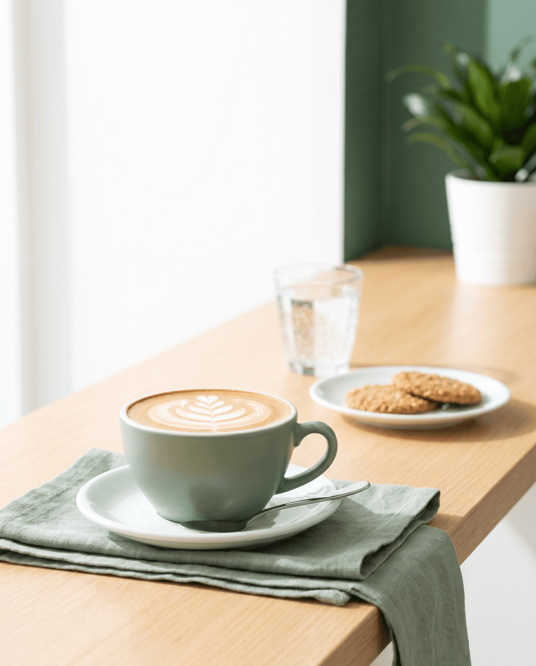 Flat white con latte art en taza verde