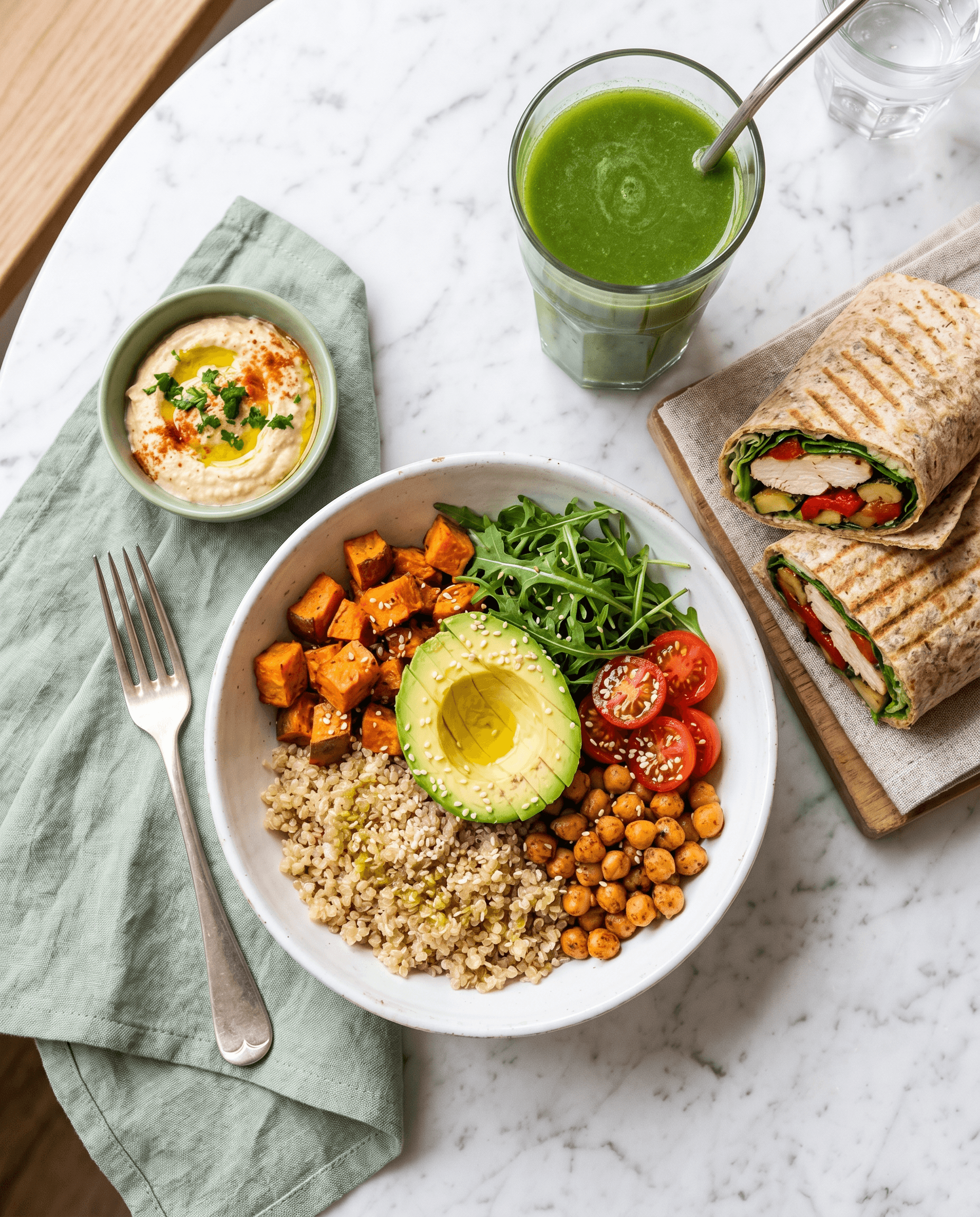 Bowl saludable con palta, wrap integral y jugo verde