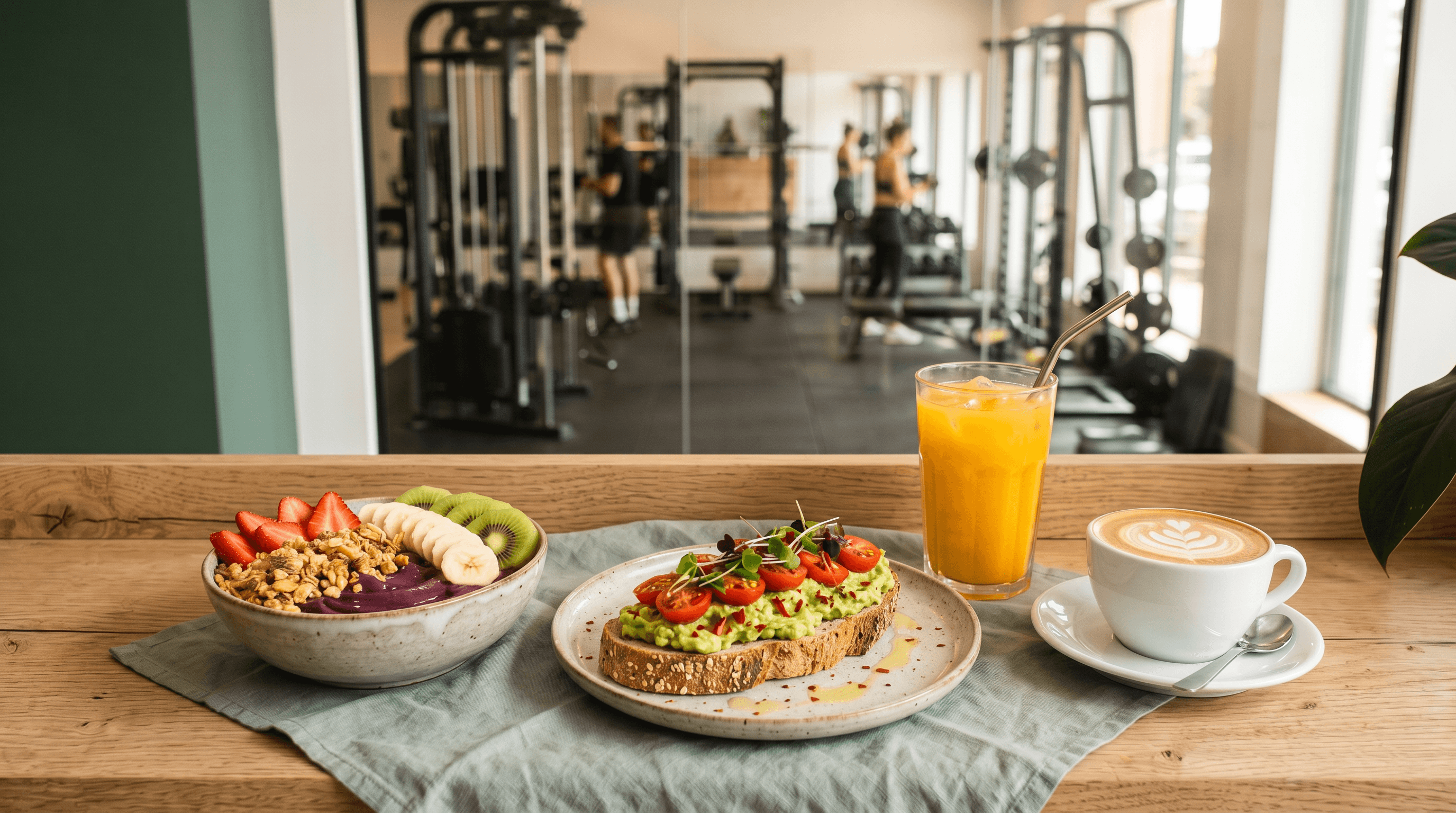 Café de especialidad y comida real en la barra de EatClub, con el gimnasio de fondo