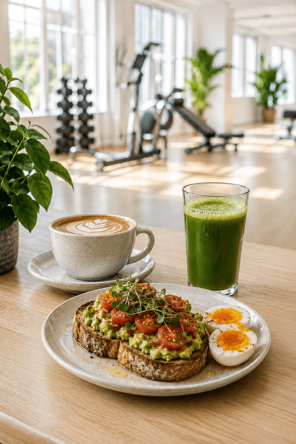 Café de especialidad y comida real en la barra de EatClub, con el gimnasio de fondo